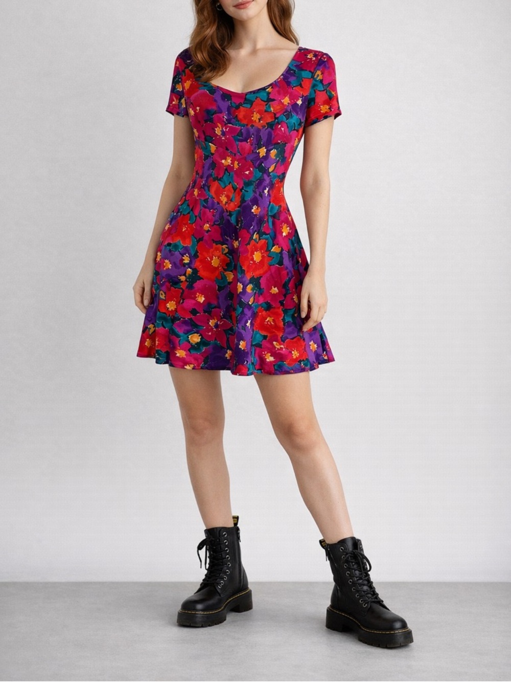 Vintage Paris Blues Multicolor Floral Mini Dress Whimsigoth Grunge 90 Y2K Skater